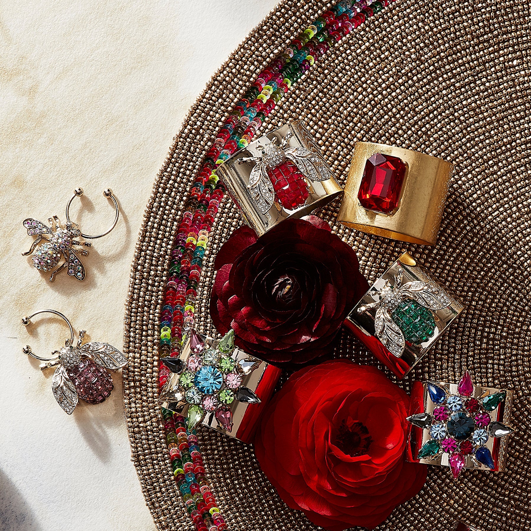 Sparkle bee napkin rings, ruby, set of two