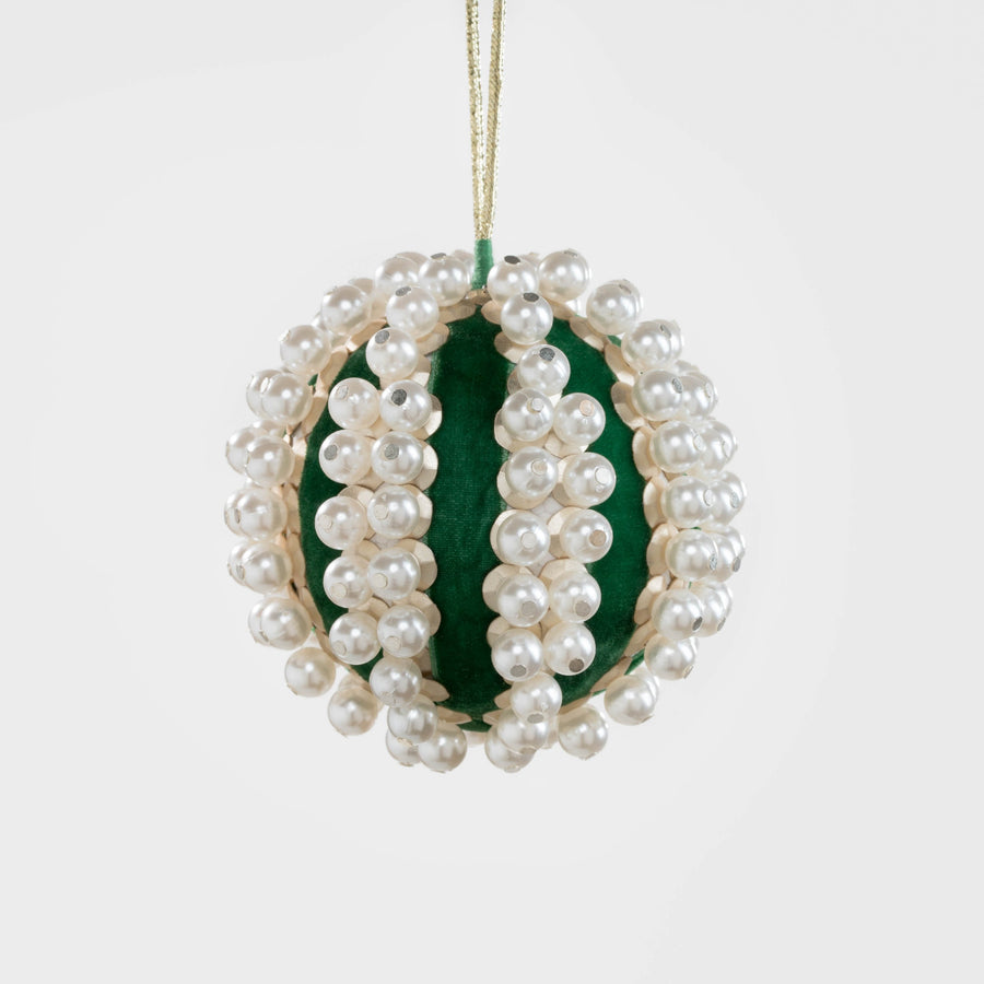 Pearl and velvet ball ornament, emerald