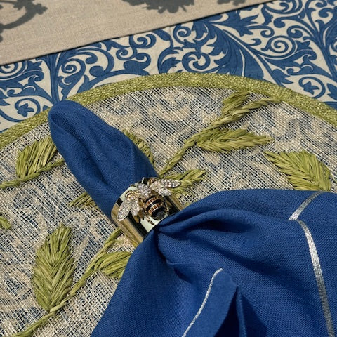 Silver trim dinner napkins, bright blue, set of two