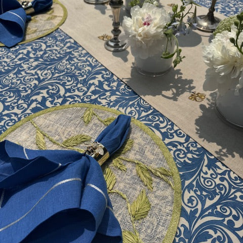 Silver trim dinner napkins, bright blue, set of two