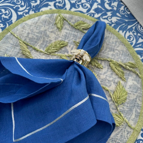 Silver trim dinner napkins, bright blue, set of two