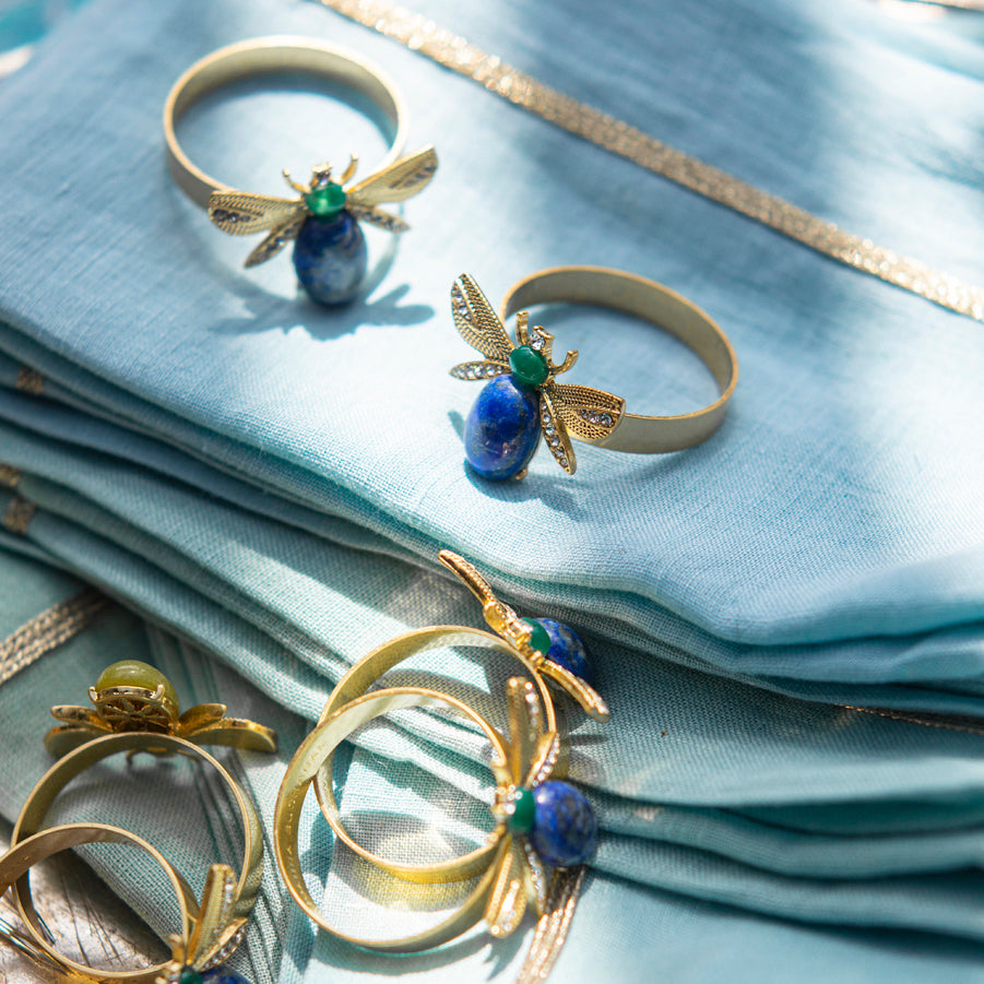 Etched wing bug skinny napkin rings, lapis lazuli, set of four