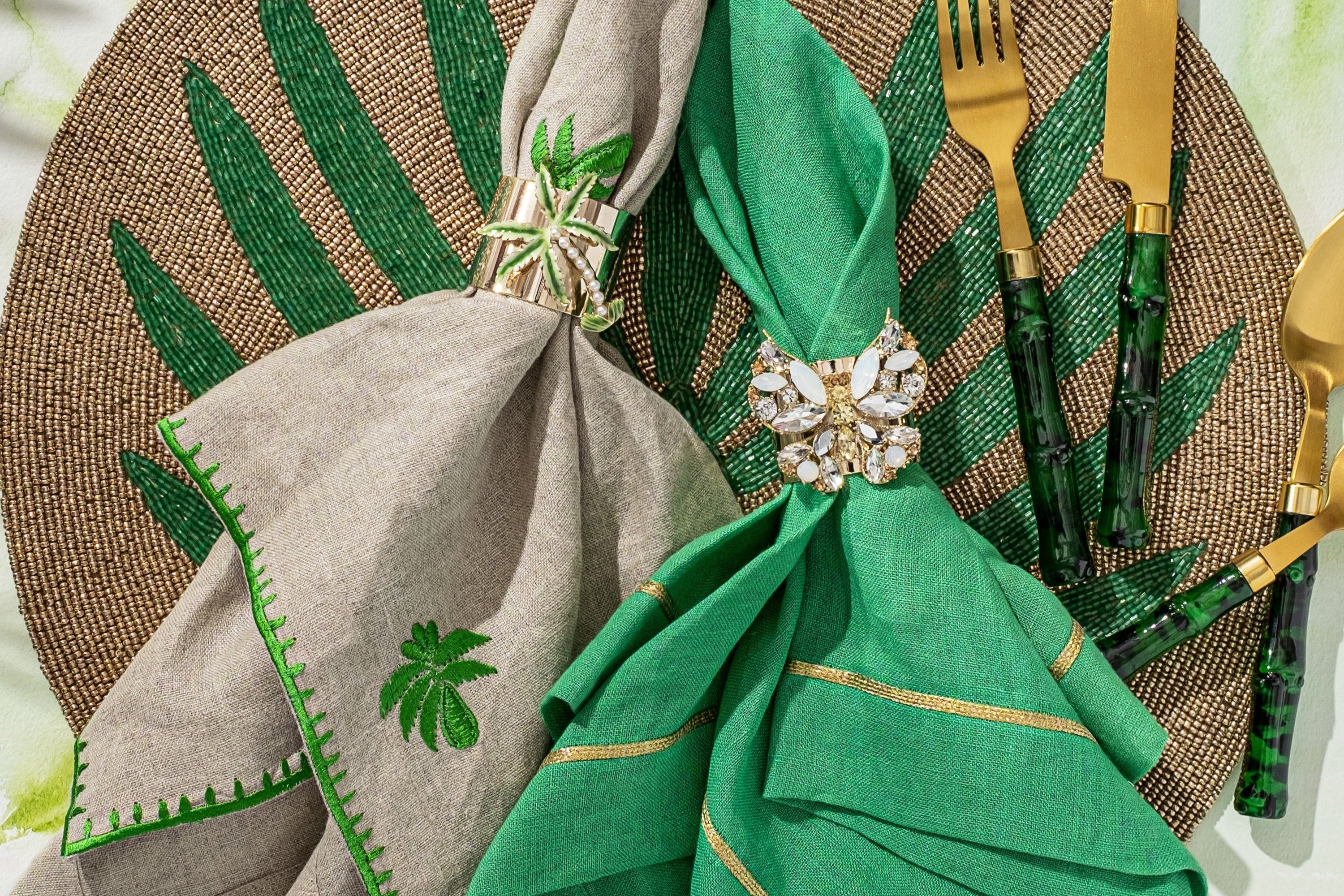 Palm tree embroidered dinner napkins, flax, set of two