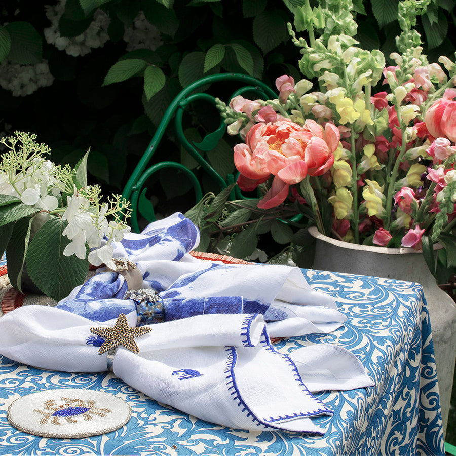 Damask print tablecloth, blue