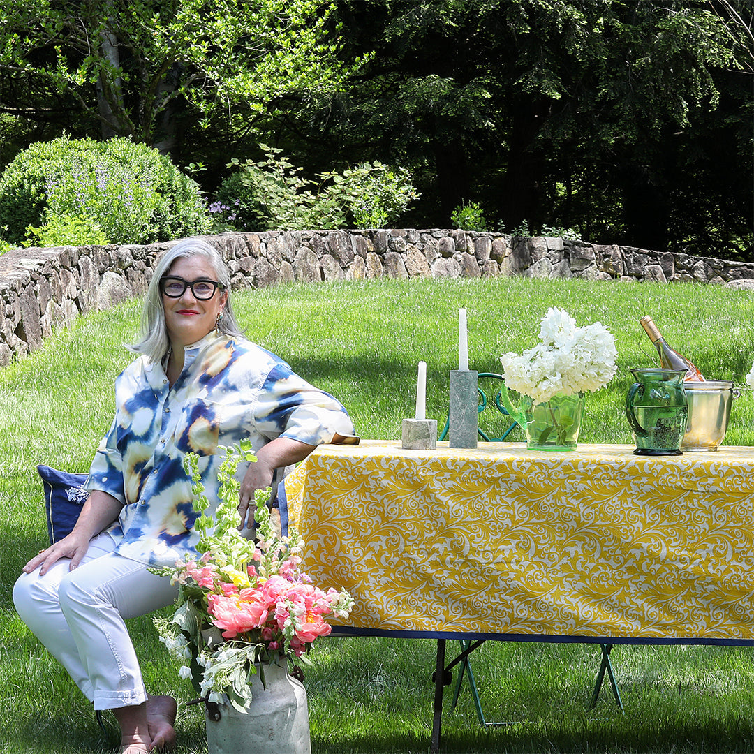 Damask print tablecloth, yellow