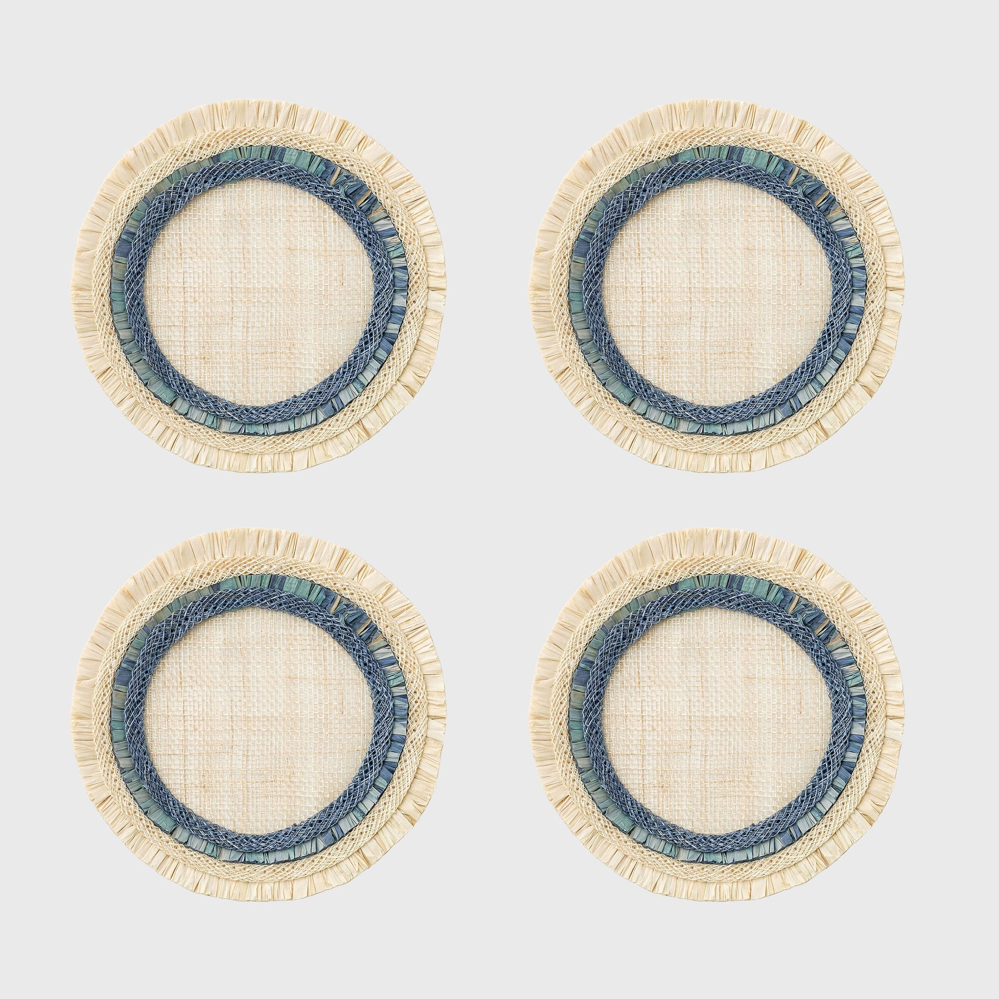 Ruffle edge straw coasters, indigo