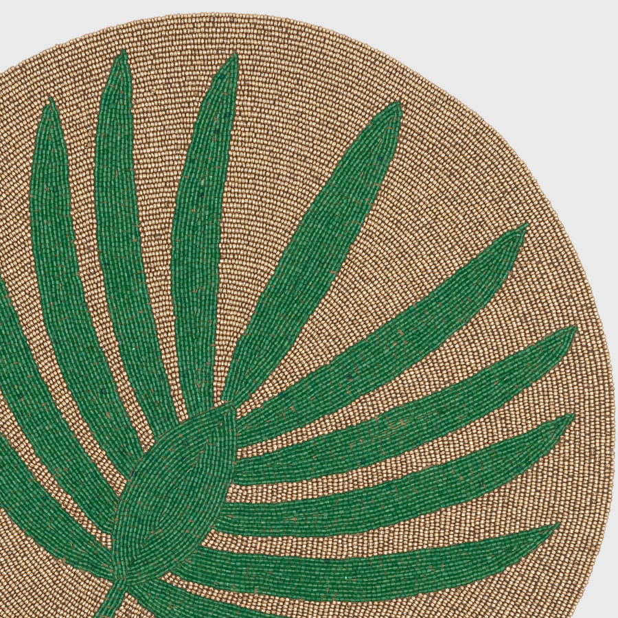 Palm frond hand beaded placemat, green