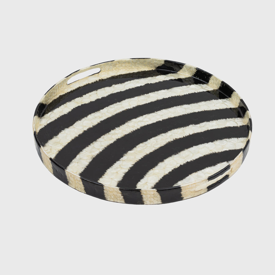 Extra large striped capiz tray, black