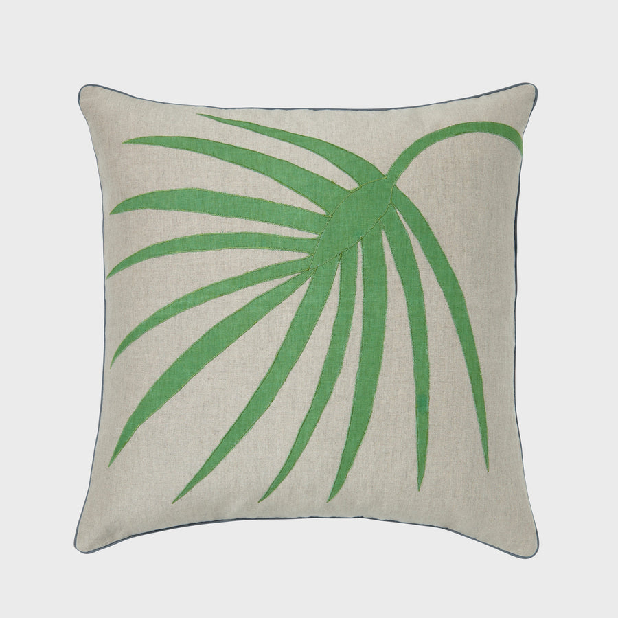 Palm frond pillow, natural linen with green