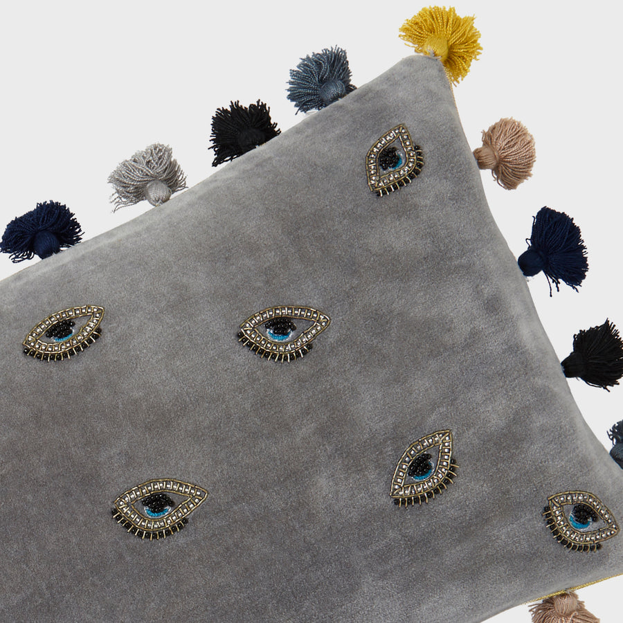 Embroidered evil eye pillow, grey cotton velvet