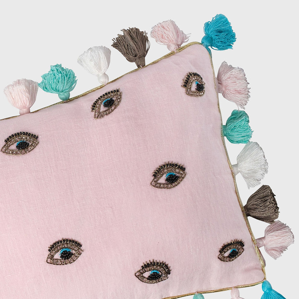 Embroidered evil eye embroidered pillow, pale pink linen