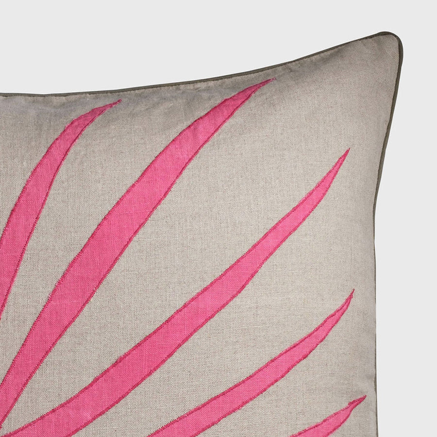 Palm frond pillow, natural linen with bright pink