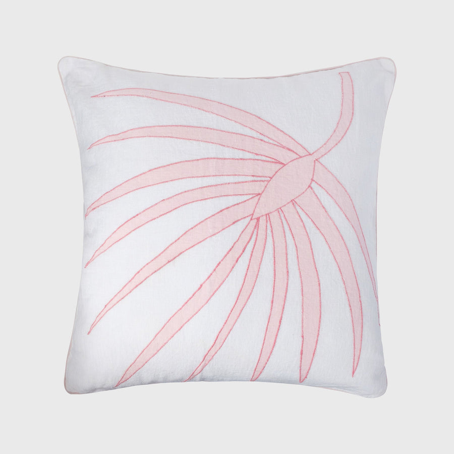 Palm frond pillow, white linen with pale pink
