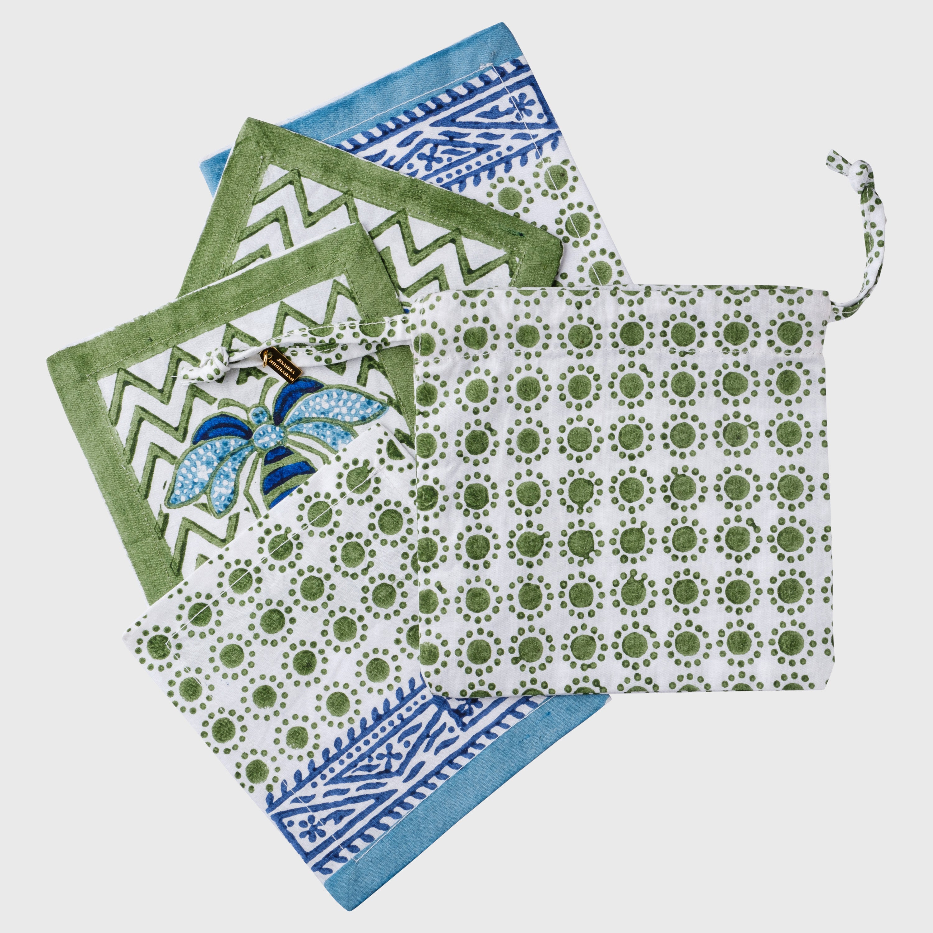 Bee block print cocktail napkins/ coasters, green