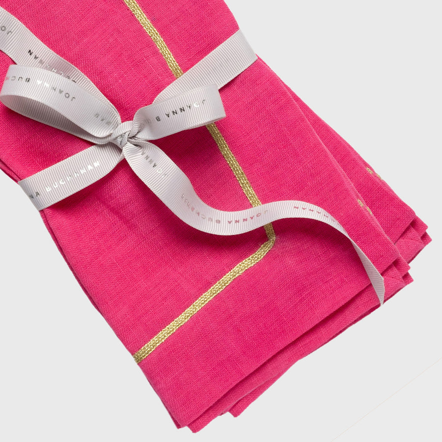 Gold trim linen dinner napkins, bright pink, set of two