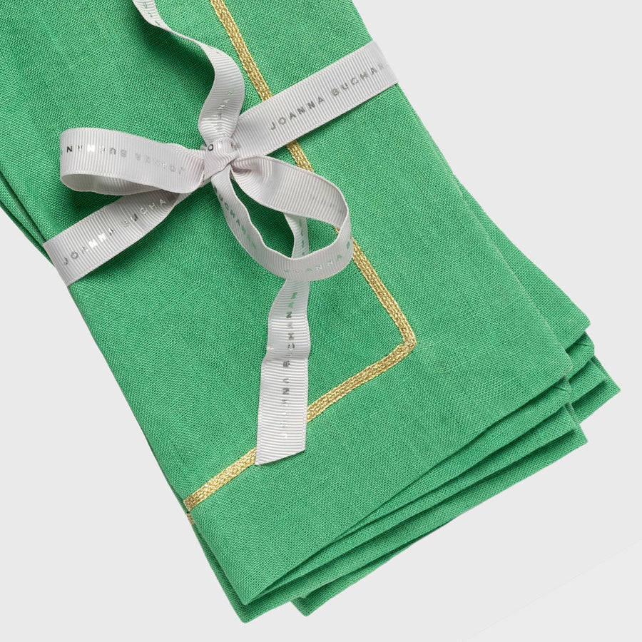 Gold trim linen dinner napkin,  grass green, set of two