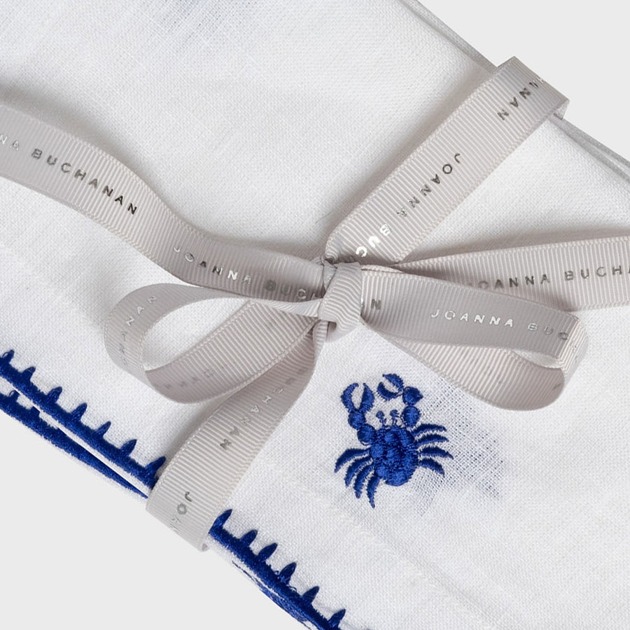 Crab embroidered dinner napkins, white, set of two