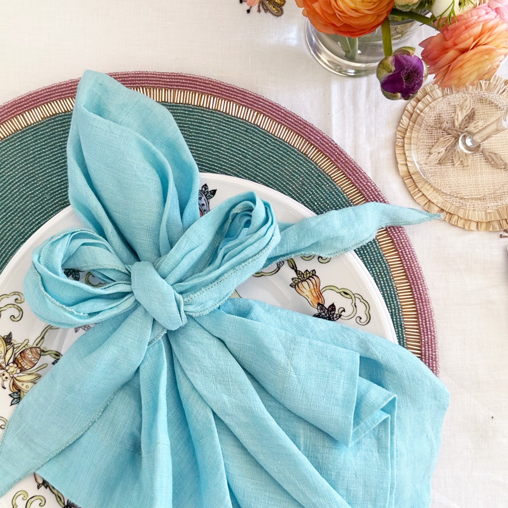 Bow linen napkin, aqua, set of two