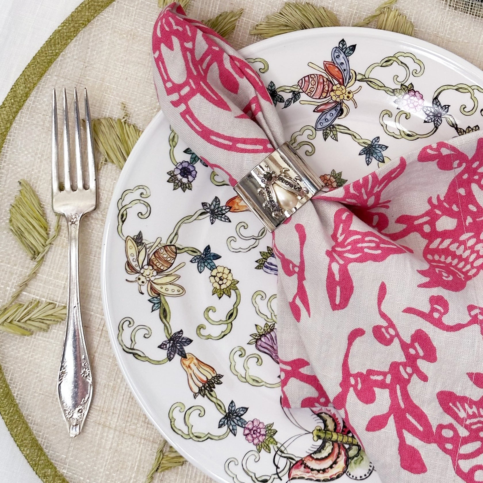 Garden print napkin, pink, set of two