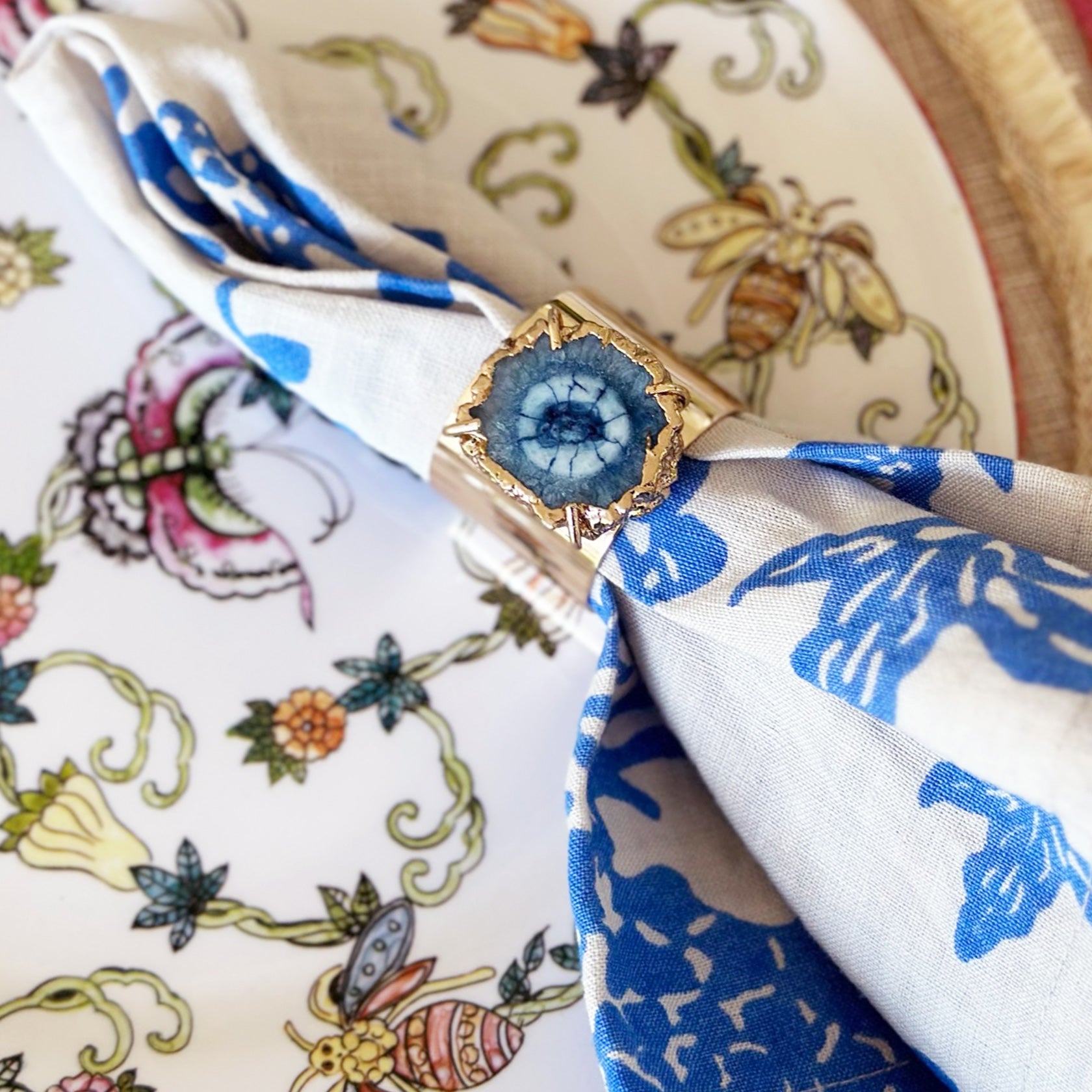 Crystal quartz napkin rings, indigo, set of two