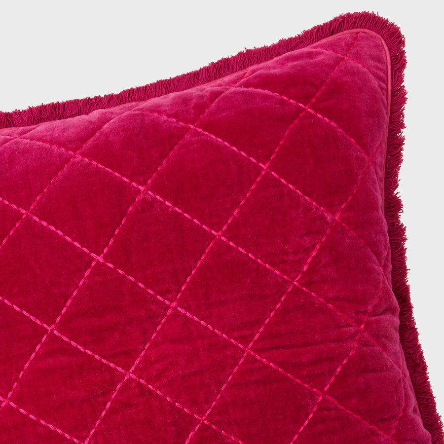 Quilted velvet fringe pillow, berry