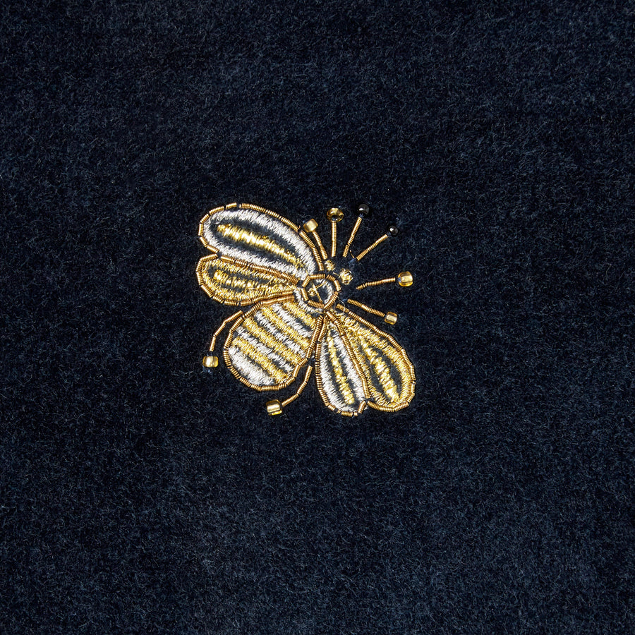 Embroidered bee fringe pillow, navy cotton velvet