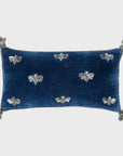 Embroidered pretty bug pillow, slate blue cotton velvet