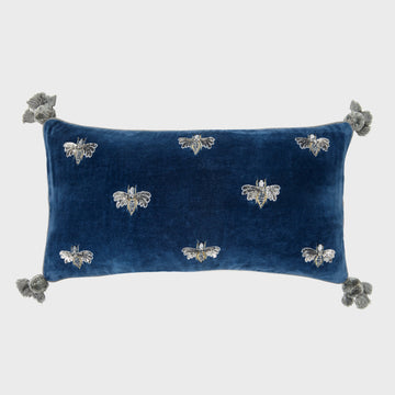 Embroidered pretty bug pillow, slate blue cotton velvet