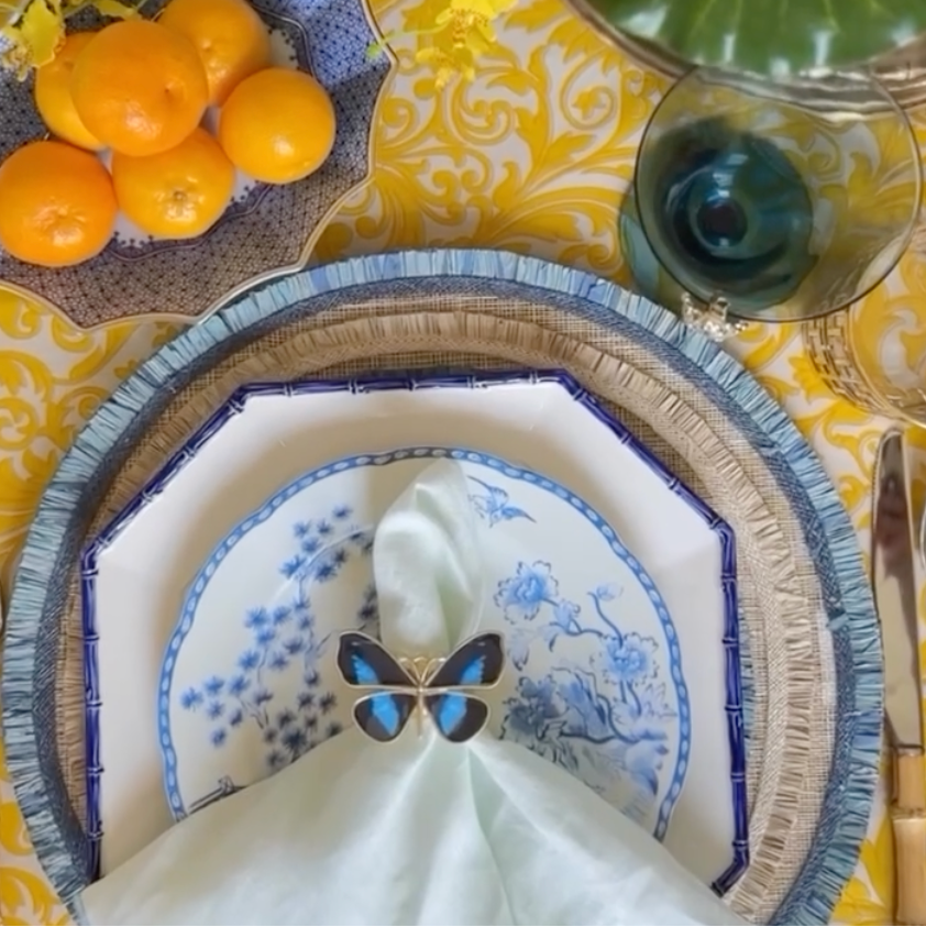 Ruffle edge straw placemat, indigo, set of four