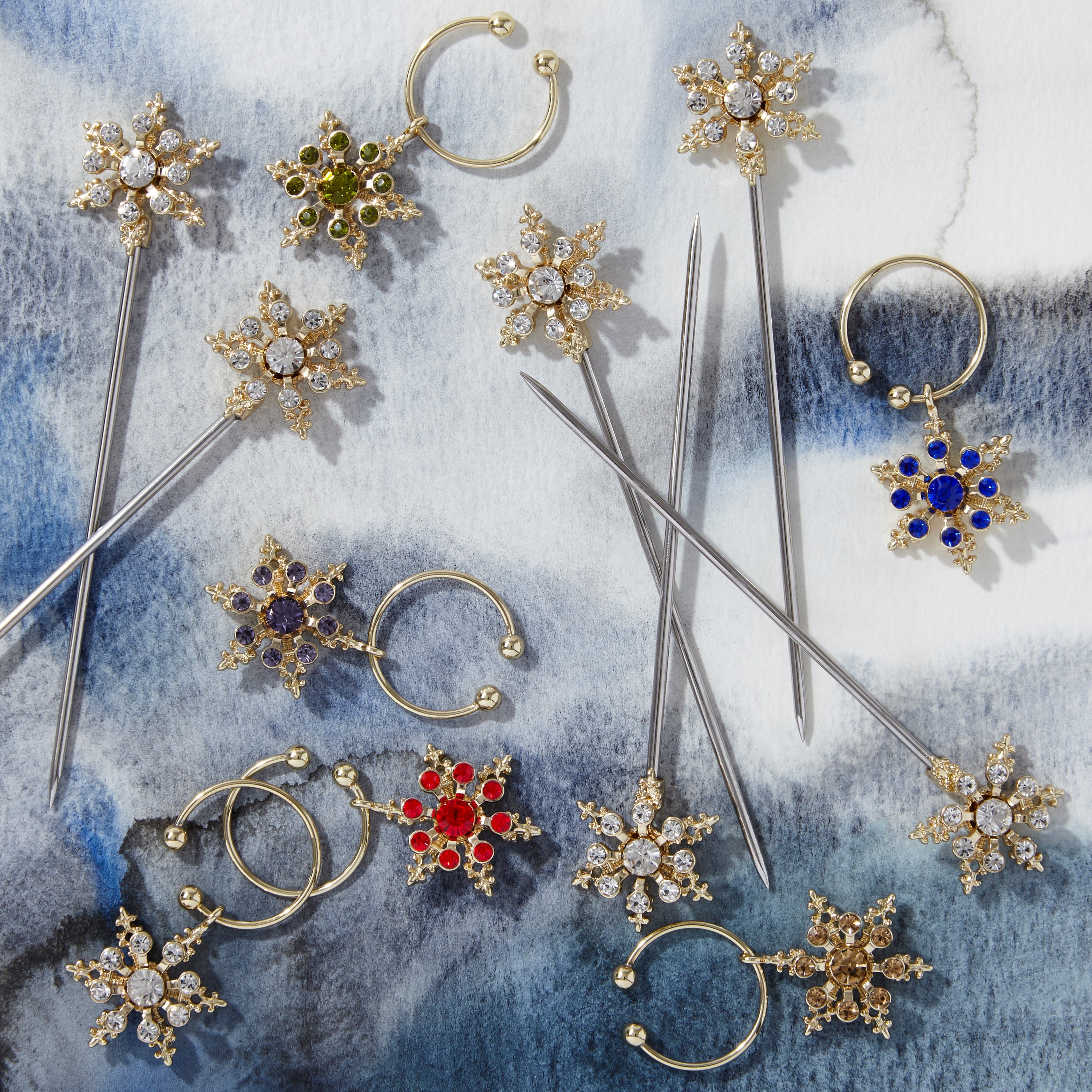 Snowflake wine charms, jewel tones