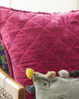 Embroidered evil eye pillow, grey cotton velvet