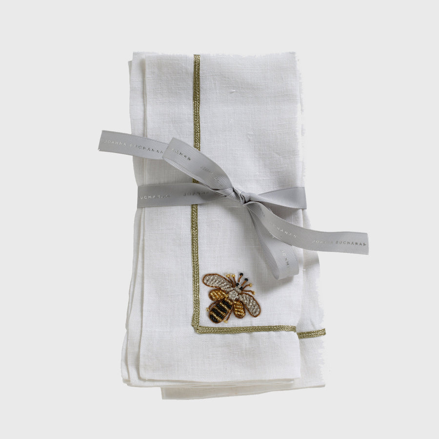 Stripey bee linen dinner napkins, white, set of two