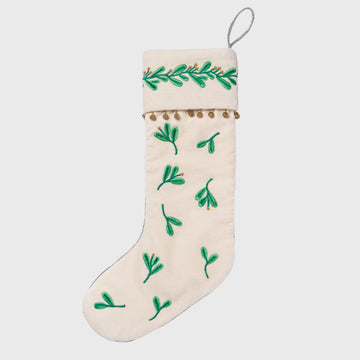 Christmas stocking with green leaf patterns on a white background
