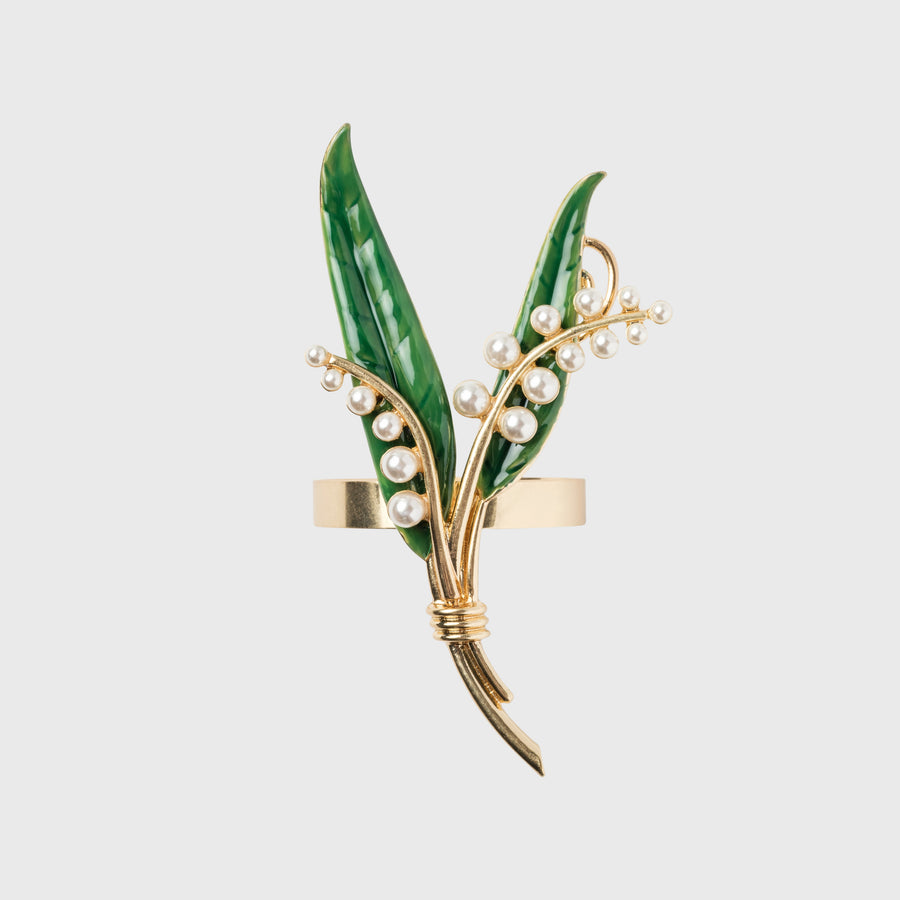 Gold napkin ring with green leaves and pearl-like beads 