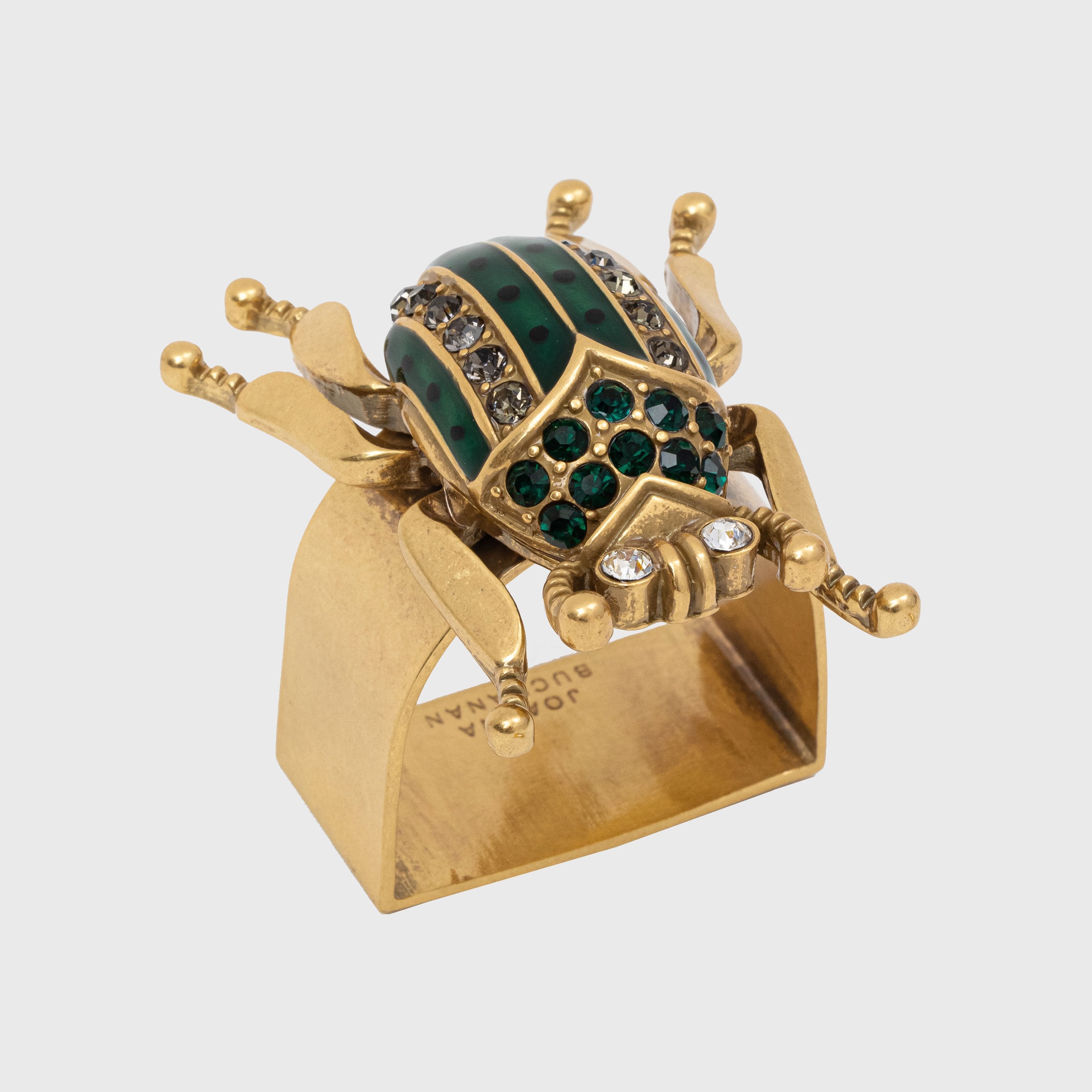 Enamel beetle napkin rings, worn gold, set of four