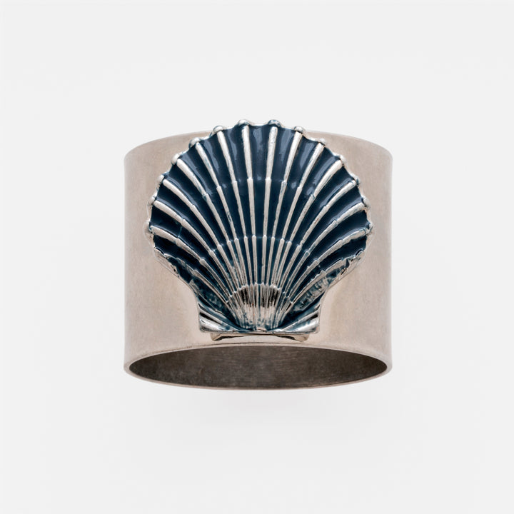 A silver-colored napkin ring featuring a blue painted shell design.
