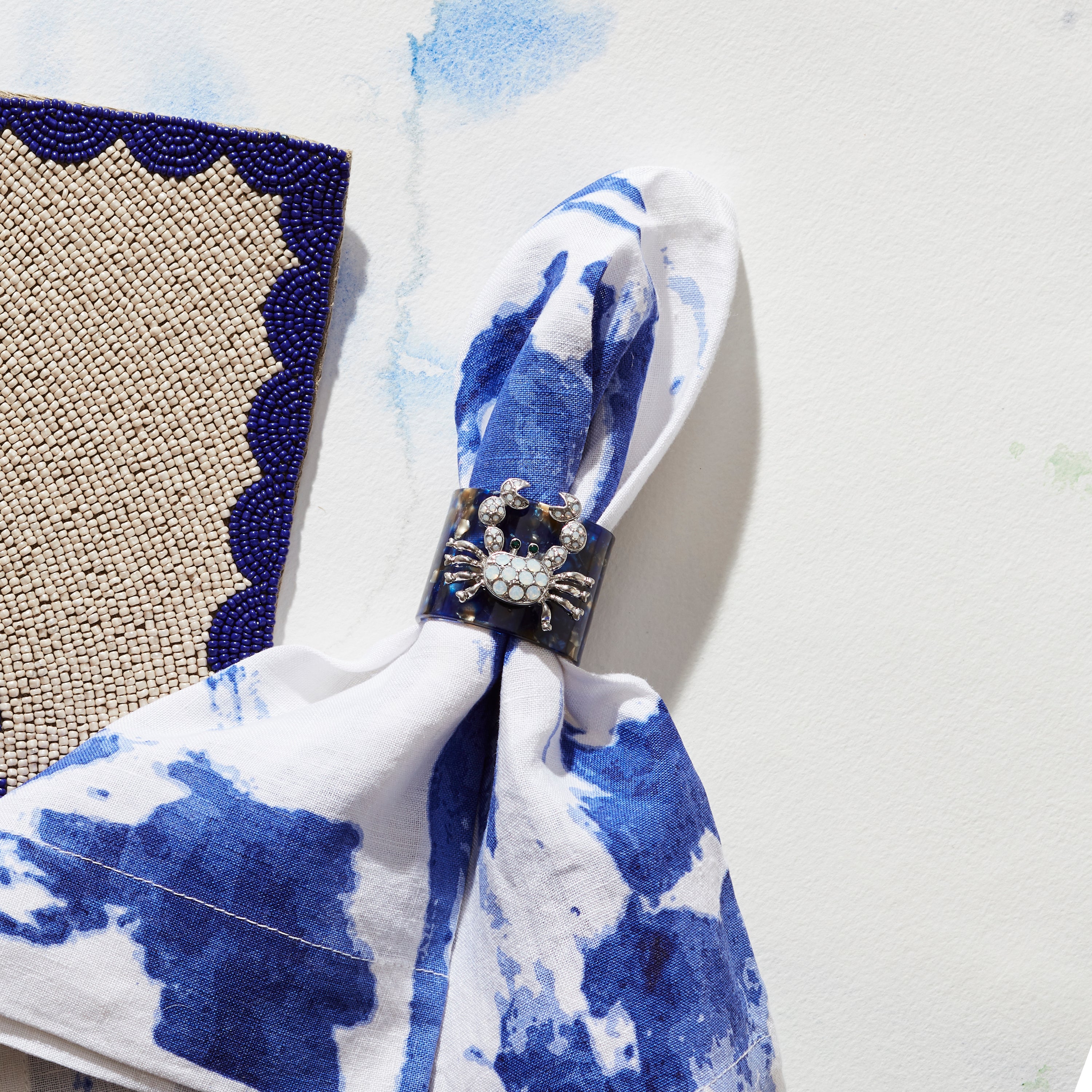 Crab blue tortoiseshell resin napkin rings, set of four