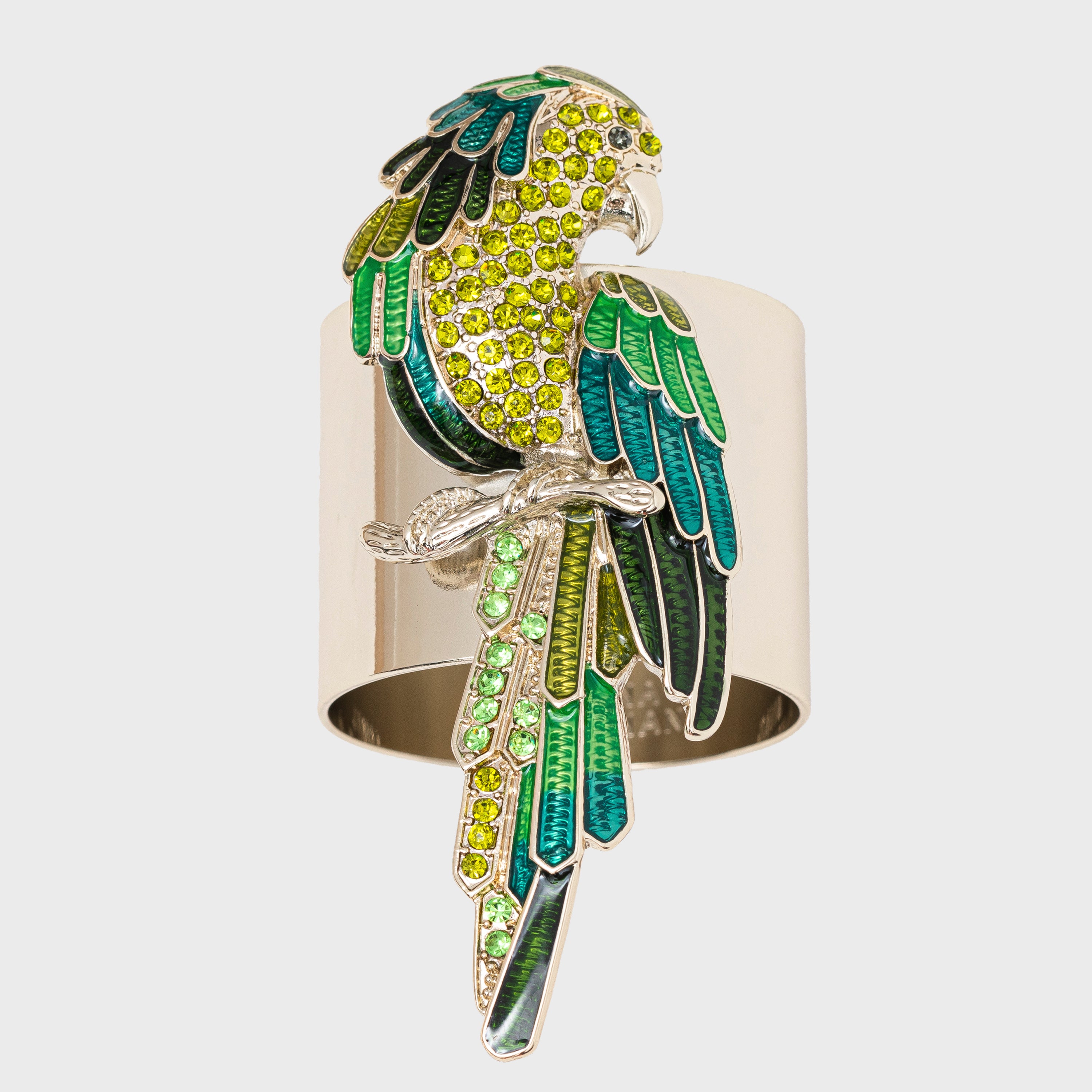 A decorative parrot napkin ring with green and yellow coloring and gold accents.