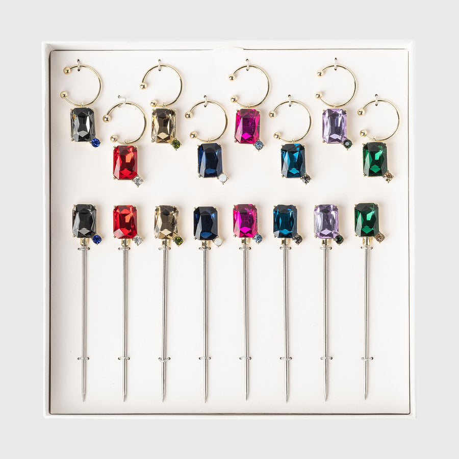 Party set of single gem cocktail picks and wine charms