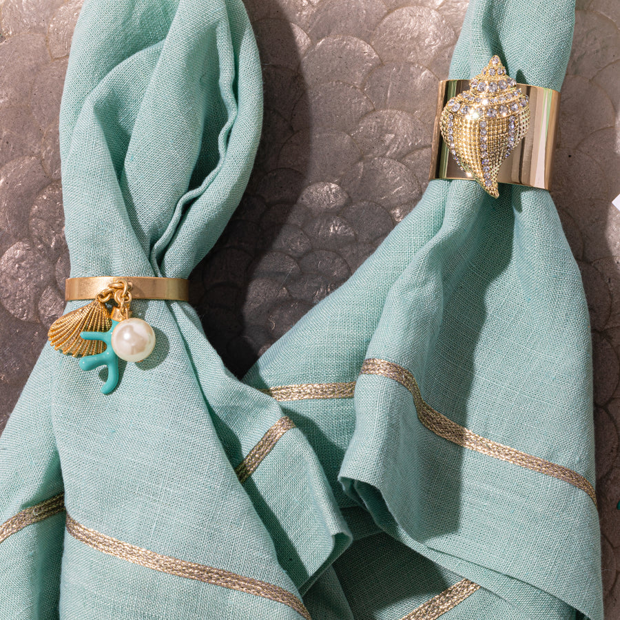 Coral and shell skinny napkin rings, turquoise, set of four